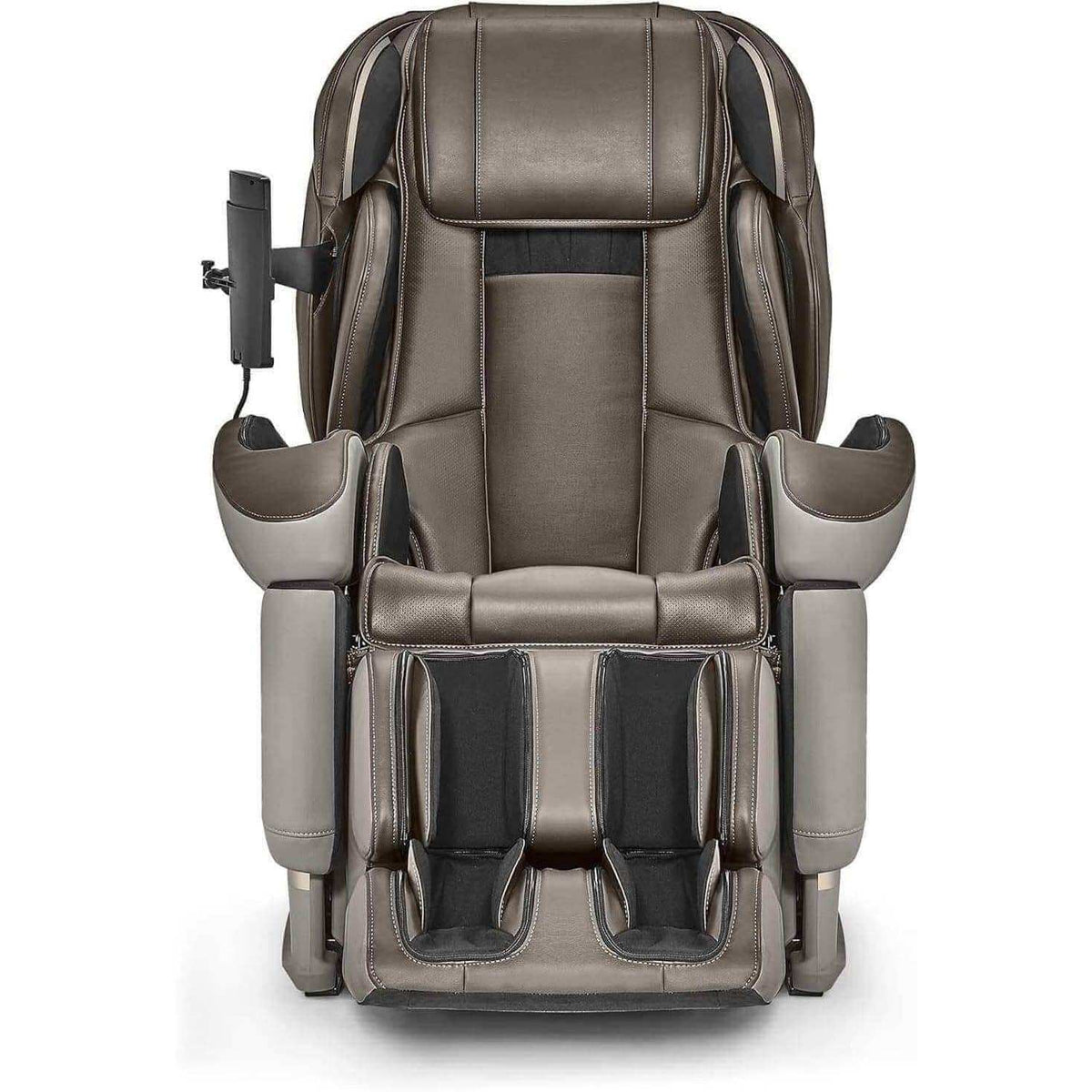JP3000 - 5D Ai Deluxe Zero Gravity Massage Chair, taupe and dark gray upholstered with padded armrests and dual foot wells.