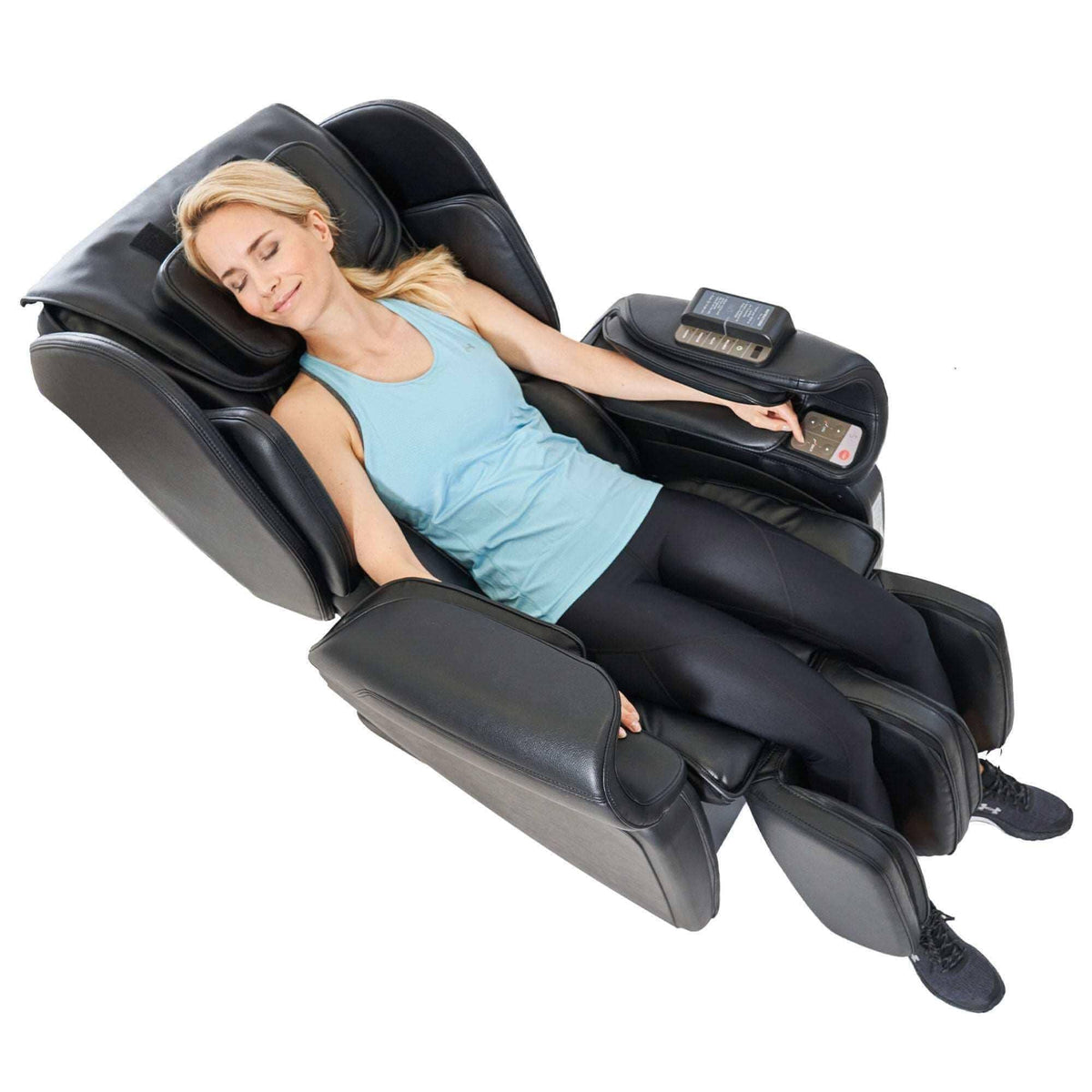 Kurodo E massage chair in black commercial-grade upholstery with padded armrests, calf supports and built-in controls