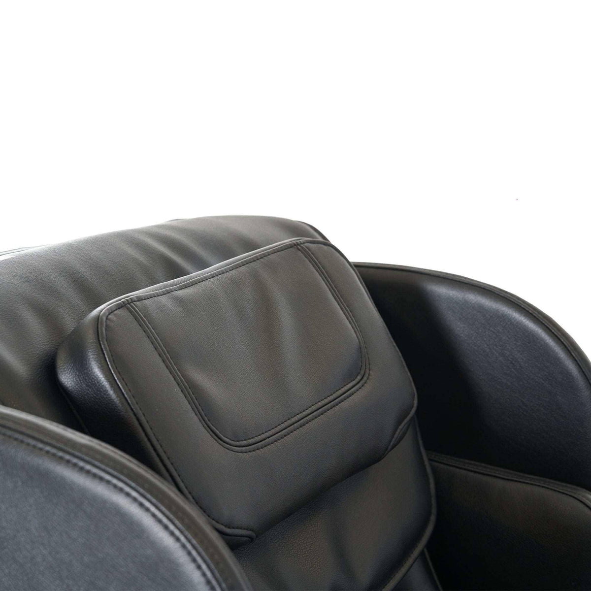 Kurodo E massage chair in black leather with padded armrests and a stitched, contoured backrest