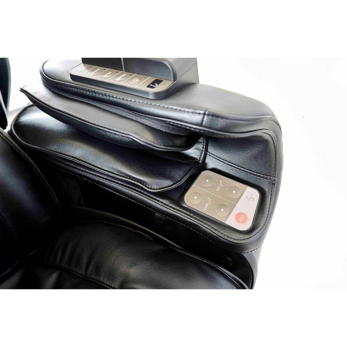 Kurodo E massage chair with black padded upholstery, stitched leather-like material and an embedded touchpad controller
