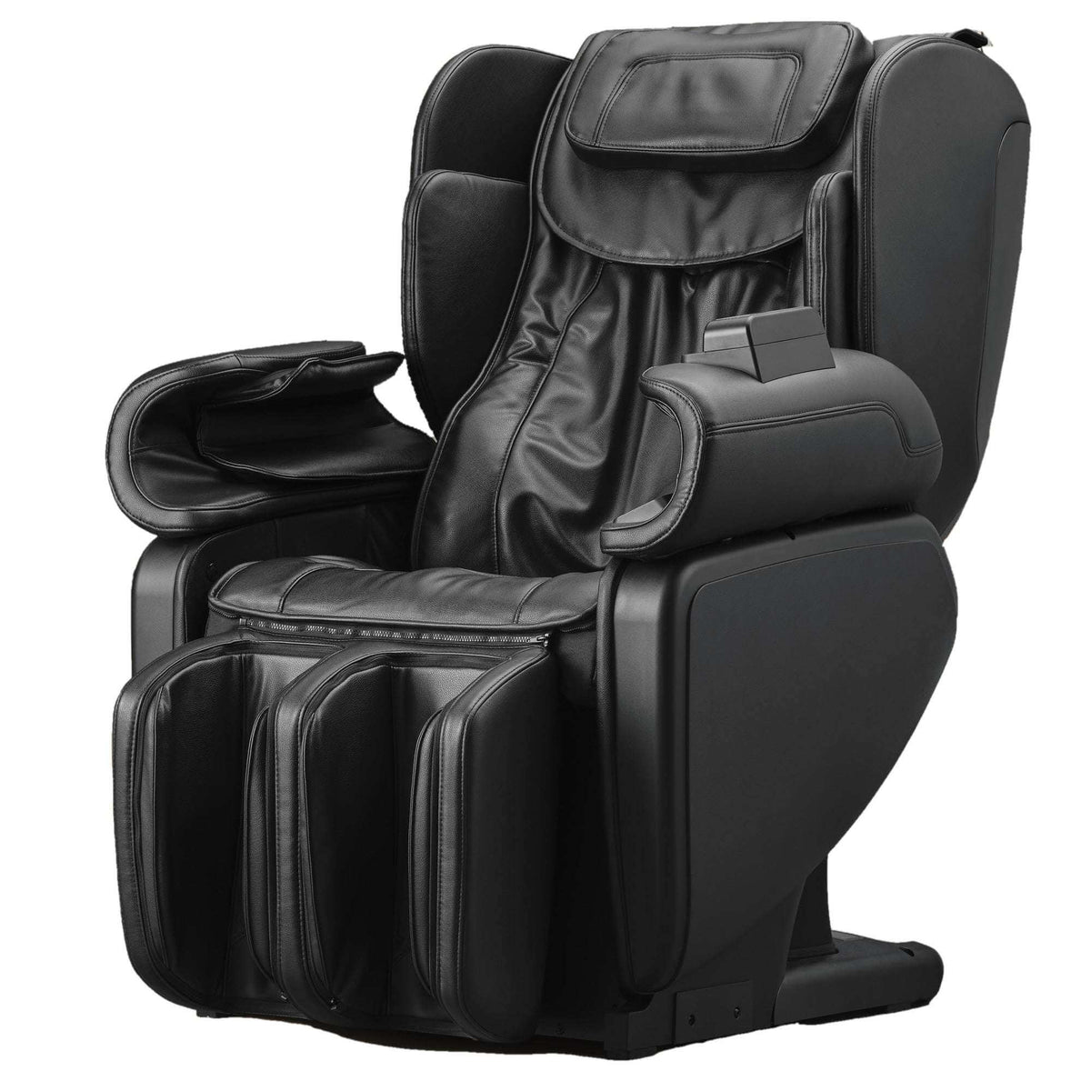 Kurodo E commercial massage chair in black leather-like upholstery, with padded armrests, leg compartments and built-in controls.