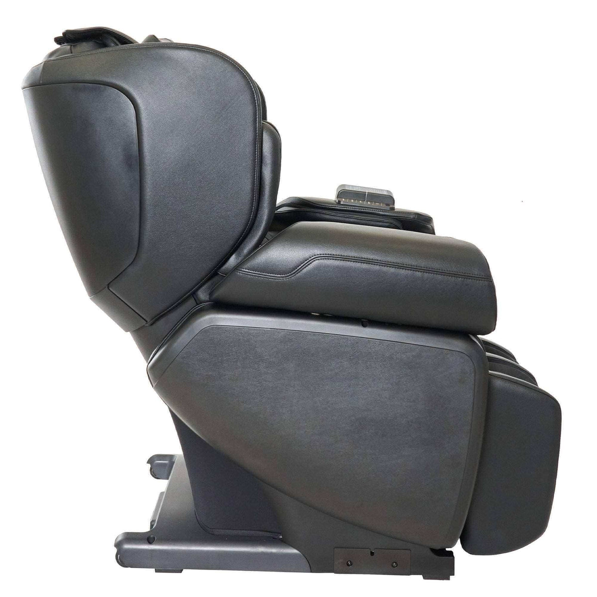 Kurodo E commercial massage chair in dark charcoal synthetic leather, with padded reclined seat and calf supports