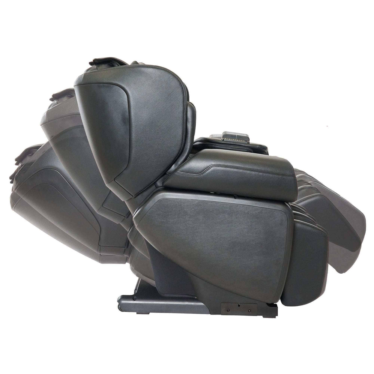 Kurodo E commercial massage chair in dark gray upholstery with a contoured padded body and built-in arm and leg supports