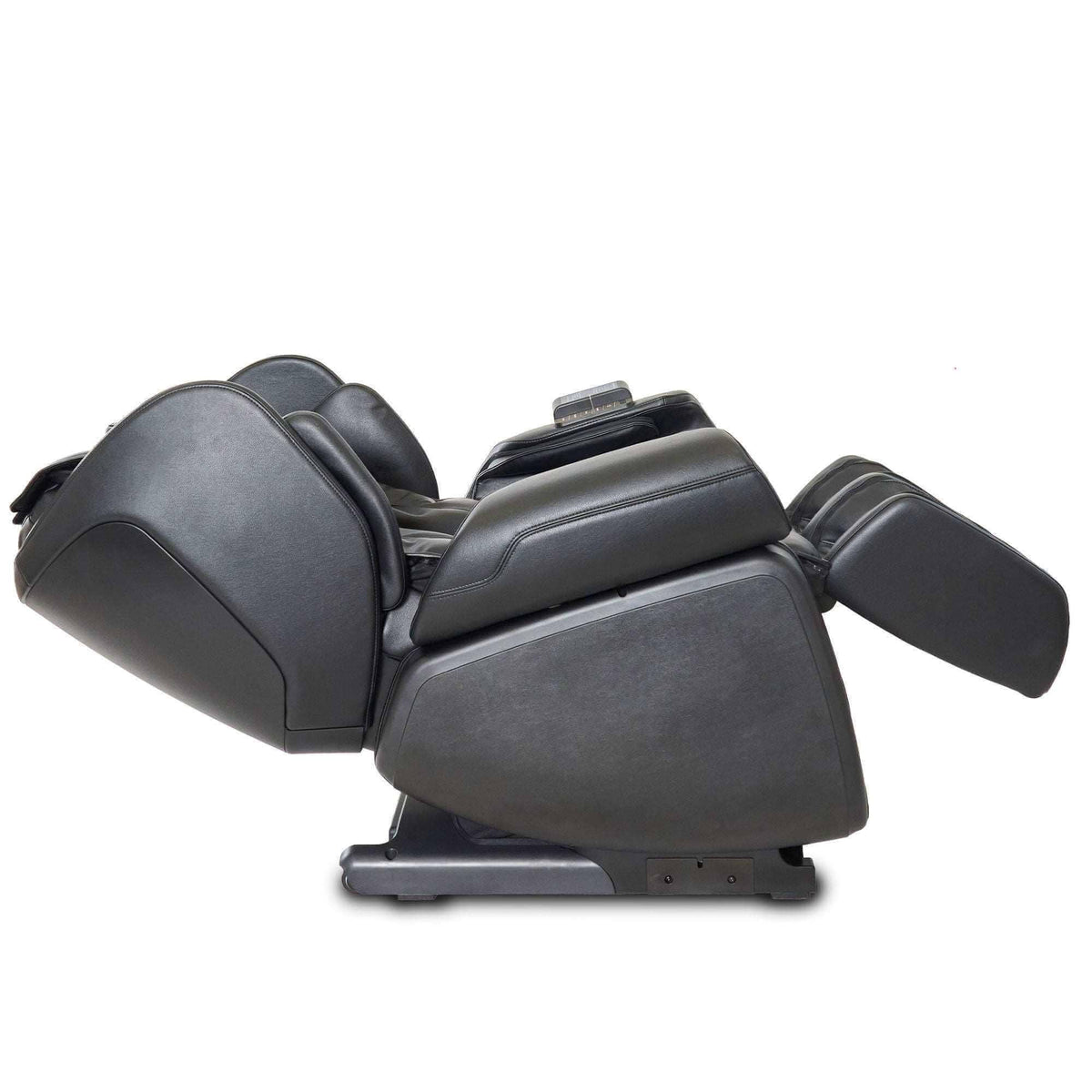 Kurodo E massage chair in dark gray upholstered fabric, reclined with padded armrests, leg supports and embedded controls