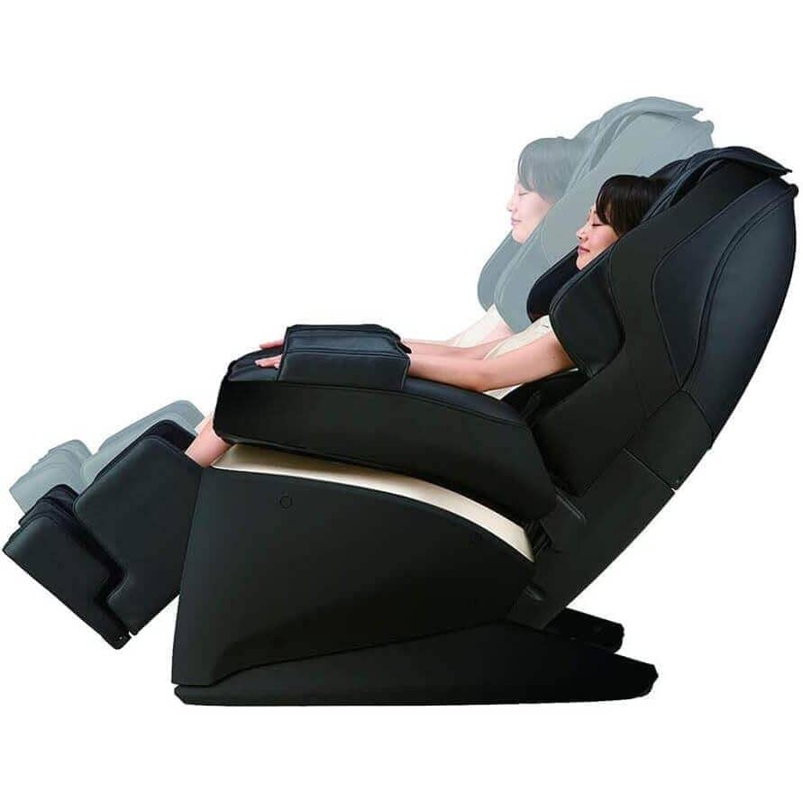 Kurodo Executive massage chair in black leather with a padded reclining body, armrests, and extended footrests