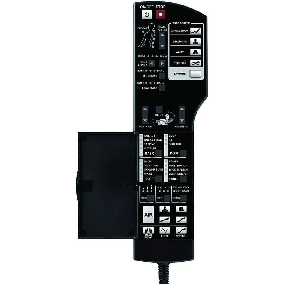 Kurodo Executive massage chair remote in black with labeled buttons for body regions, modes, speed and air massage