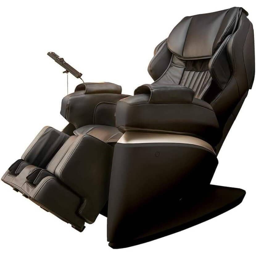 Kurodo Executive massage chair in dark brown leather with padded armrests, leg rests, and a reclining design