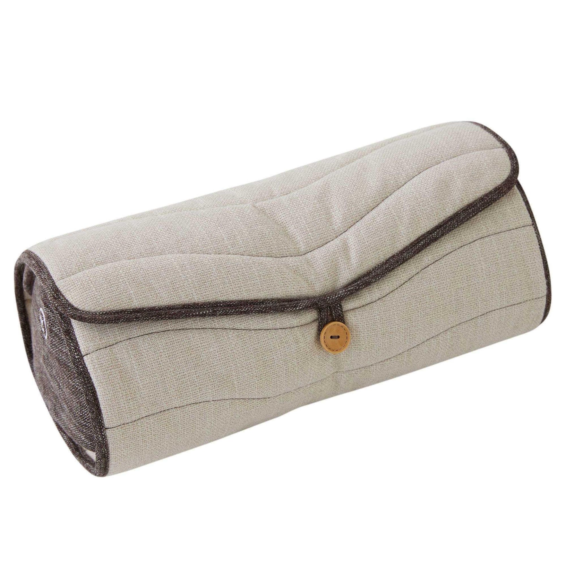 Synca Wellness Lumbar Massage Cushion in beige fabric with ergonomic design and button closure