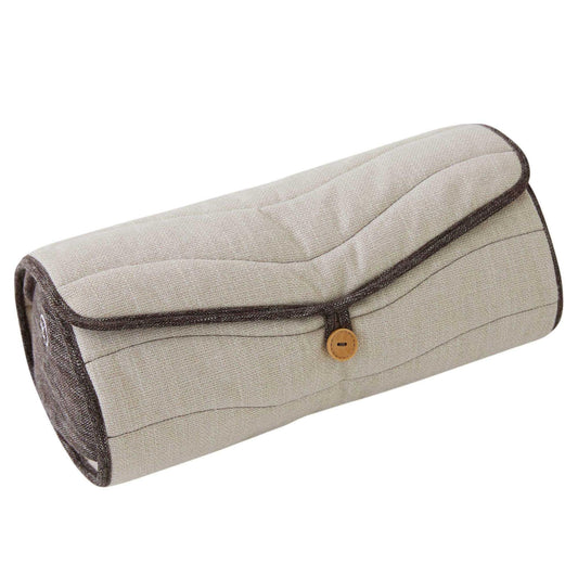 Synca Wellness Lumbar Massage Cushion in beige fabric with ergonomic design and button closure