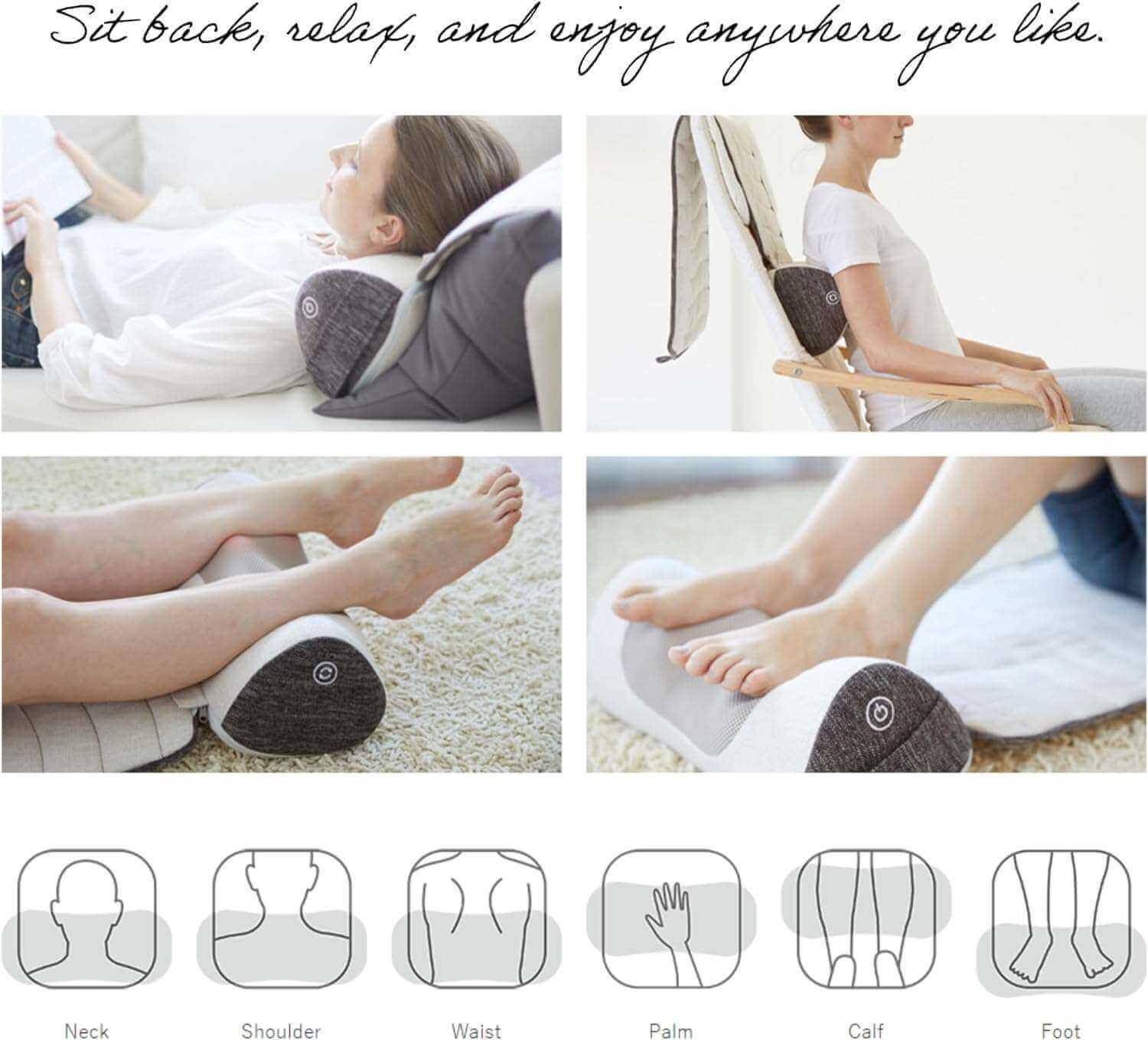 Synca Wellness Lumbar Massage Cushion shown used on neck, shoulder, waist, palm, calf, and foot for full body relief