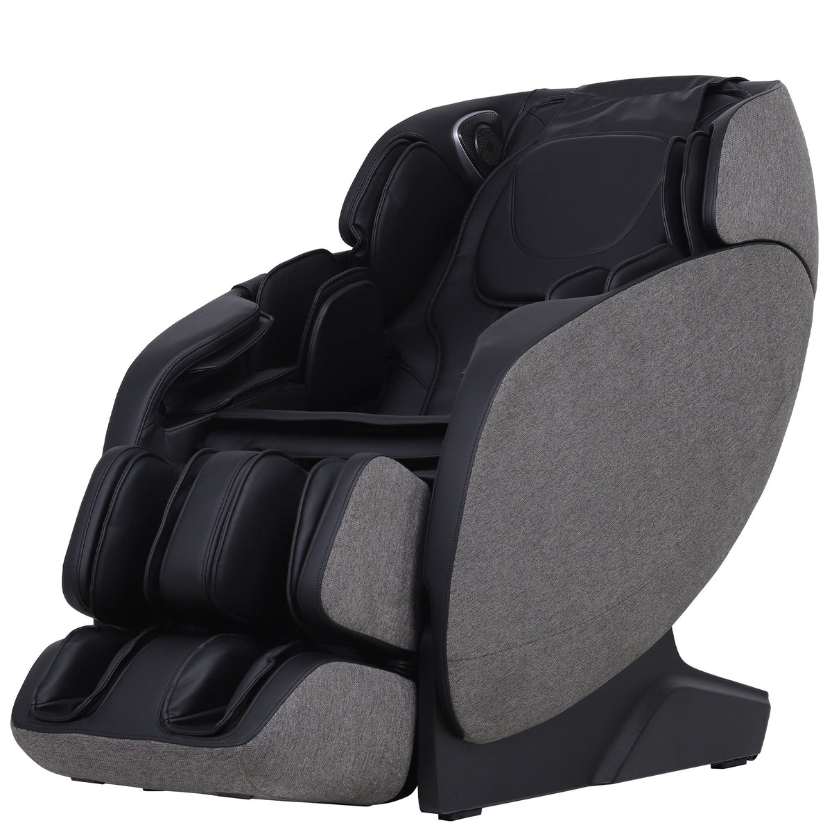 Massage chair in black faux leather and grey woven fabric, featuring padded armrests and leg rests; Nook True Relax model.