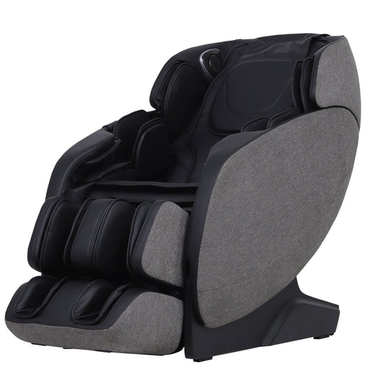 Massage chair in black faux leather and grey woven fabric, featuring padded armrests and leg rests; Nook True Relax model.
