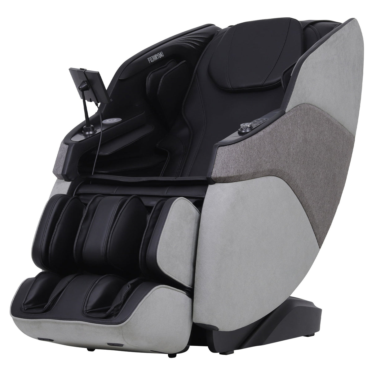 Massage chair with black upholstery, light grey fabric side panels, padded foot and arm rests, and a mounted tablet holder; Nook True Relax.