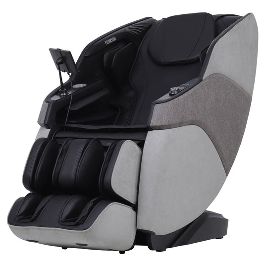 Massage chair with black upholstery, light grey fabric side panels, padded foot and arm rests, and a mounted tablet holder; Nook True Relax.