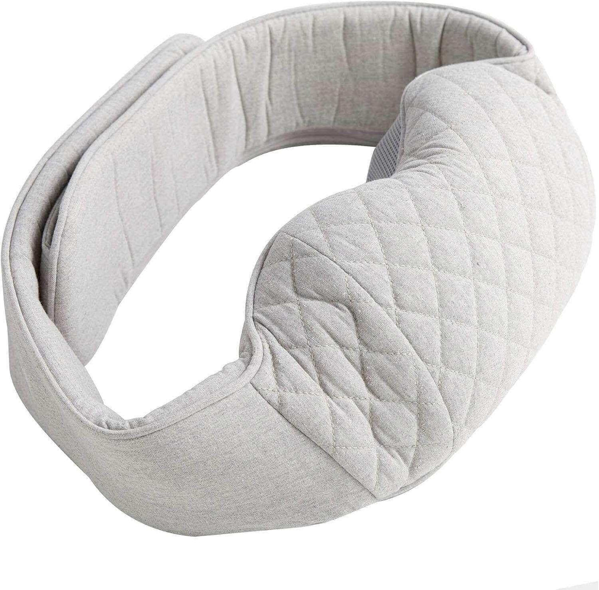 Neck and Shoulder Massager in light gray quilted fabric, with a curved wraparound shape and padded inner lining.
