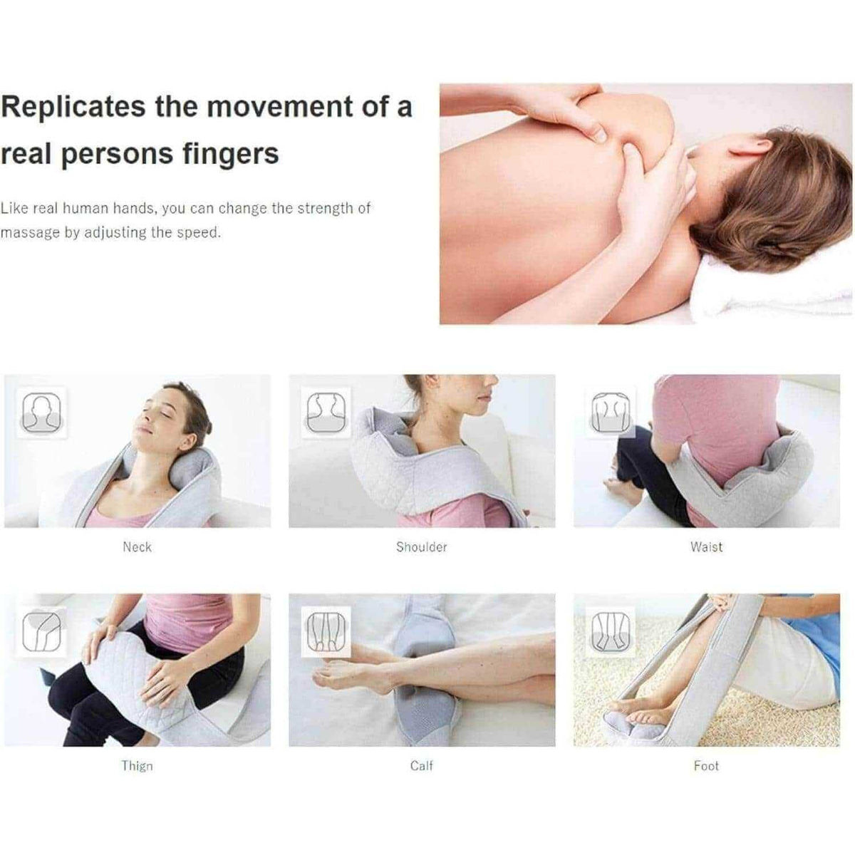 Neck and Shoulder Massager shown as a light gray wraparound device with kneading massage heads, pictured on neck, shoulder, waist, thigh, calf and foot