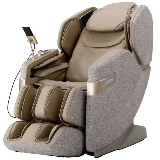 Nook True Relax massage chair in taupe and grey fabric, with padded panels, leg and foot massagers, and a control wand.