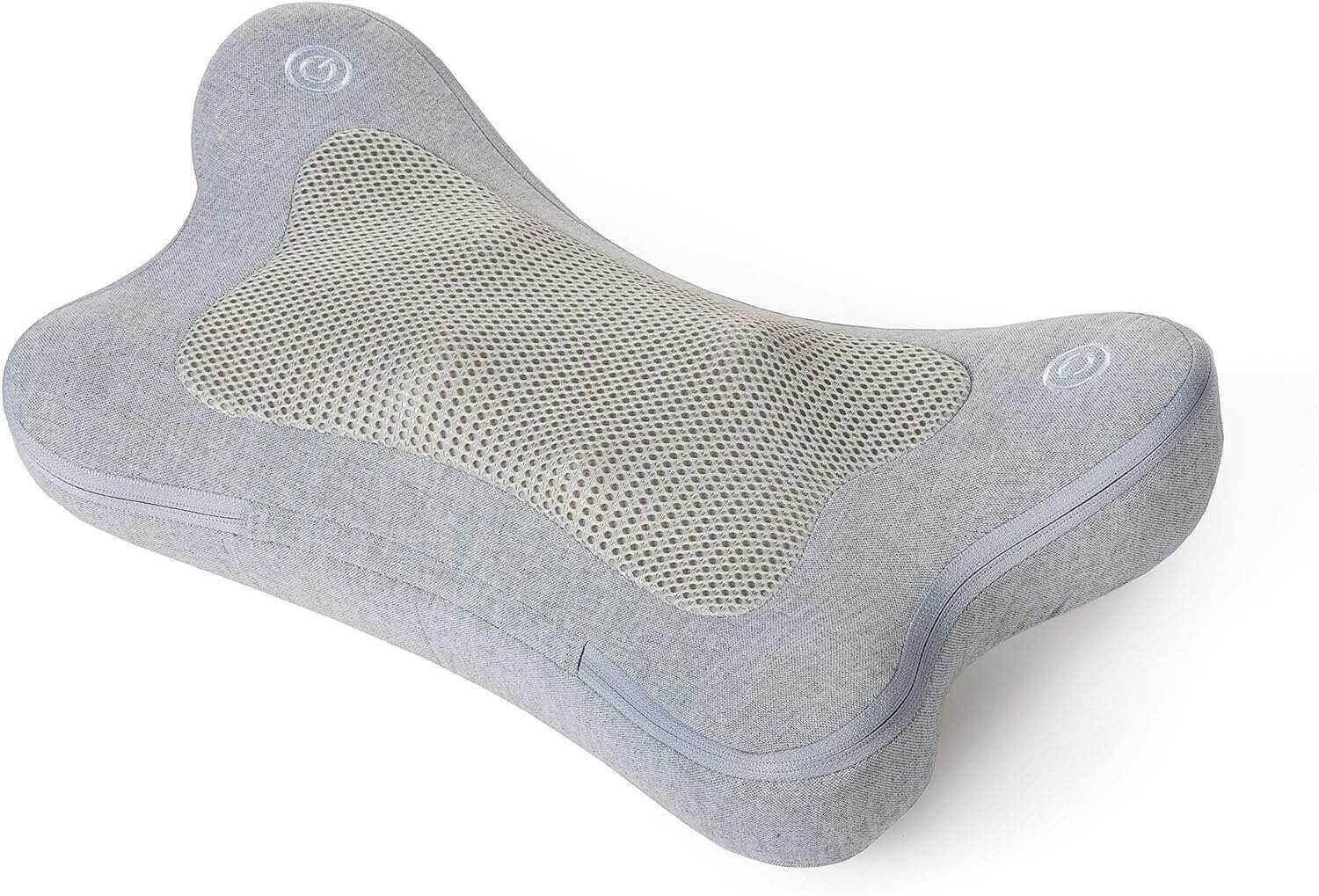 Synca Wellness portable lumbar massage pillow in gray with mesh center and ergonomic design