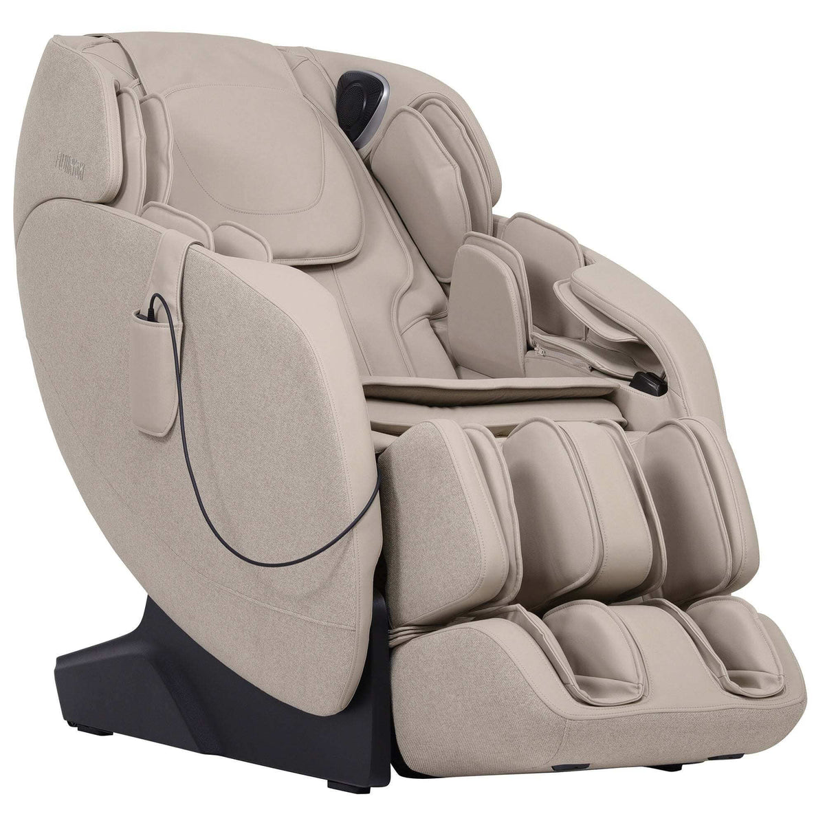 Refuge True Relax massage chair in light beige fabric, featuring padded arm, back and calf sections with foot rollers