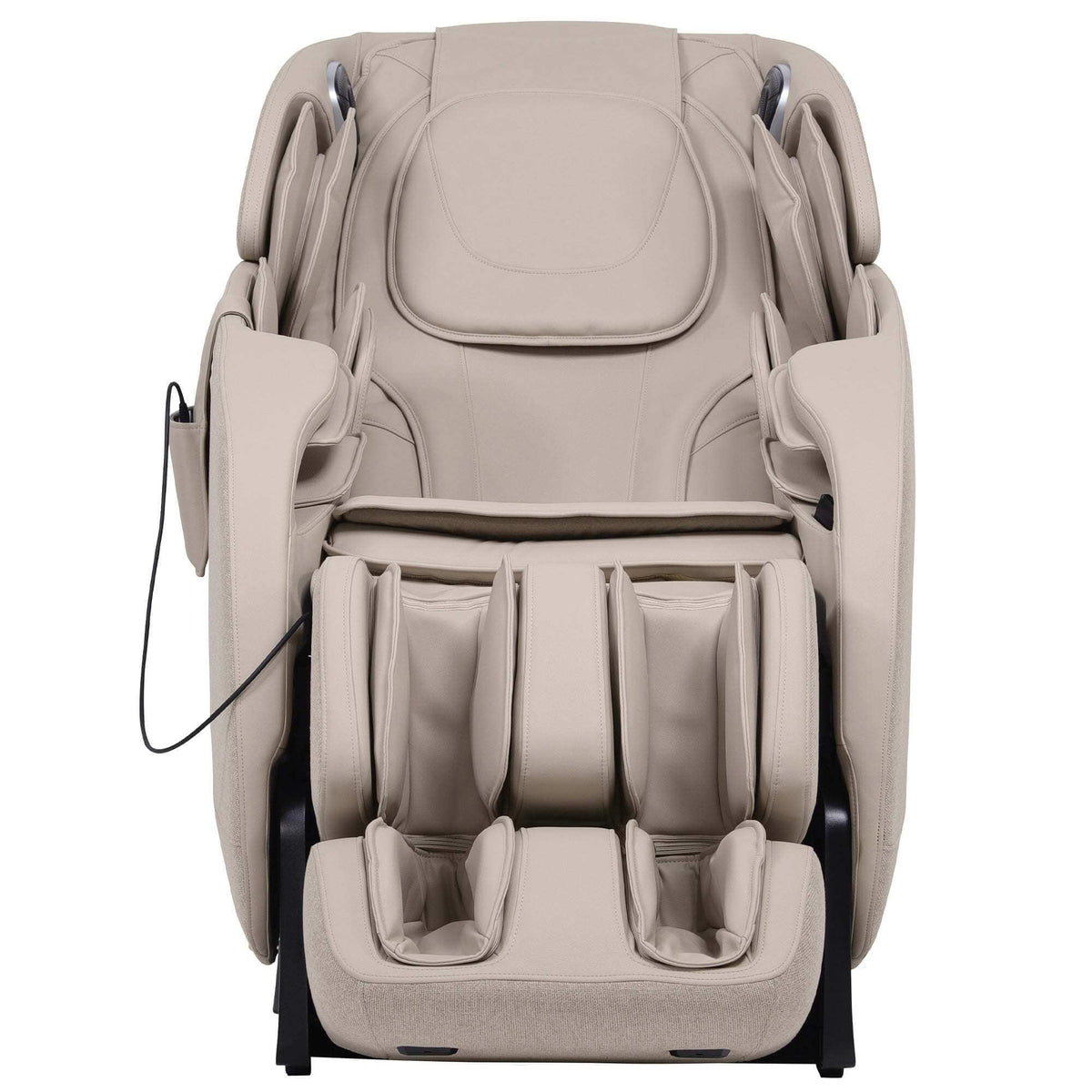 Refuge True Relax massage chair in beige fabric, with padded armrests, segmented calf supports and foot rollers
