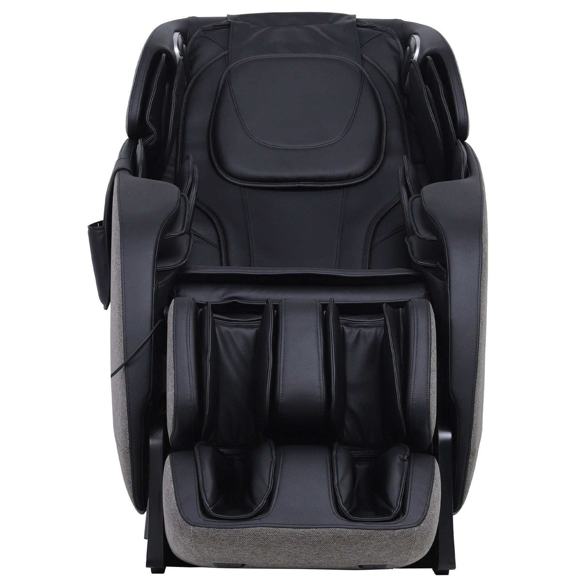 Refuge True Relax massage chair in black with a smooth upholstered finish, padded armrests, and enclosed leg and foot massagers
