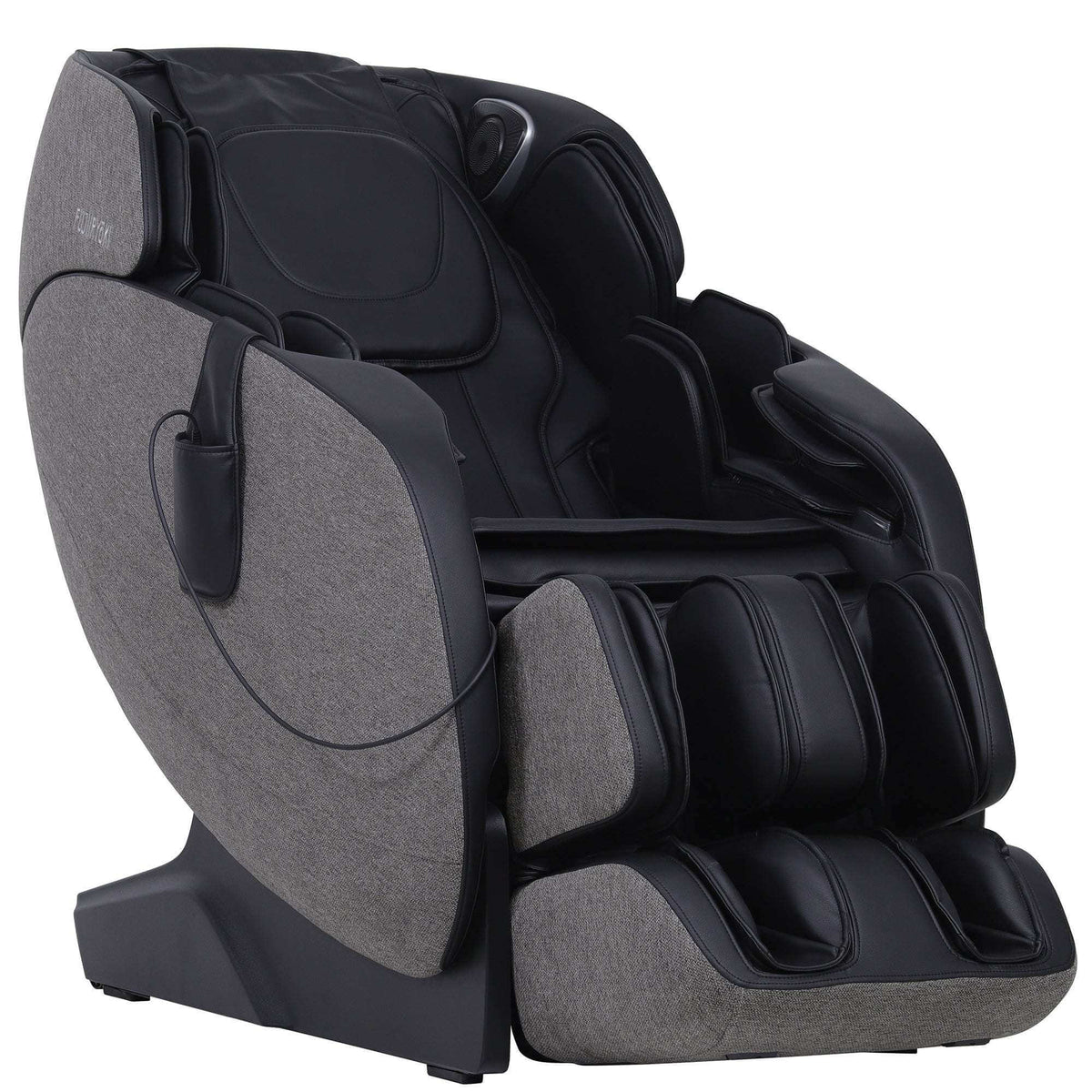 Massage chair, Refuge True Relax, in charcoal gray fabric with black padded upholstery and enclosed leg and foot massagers.