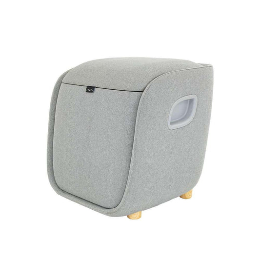 Synca Wellness REI Foot Massager electric massager in gray fabric with wooden legs and side handle