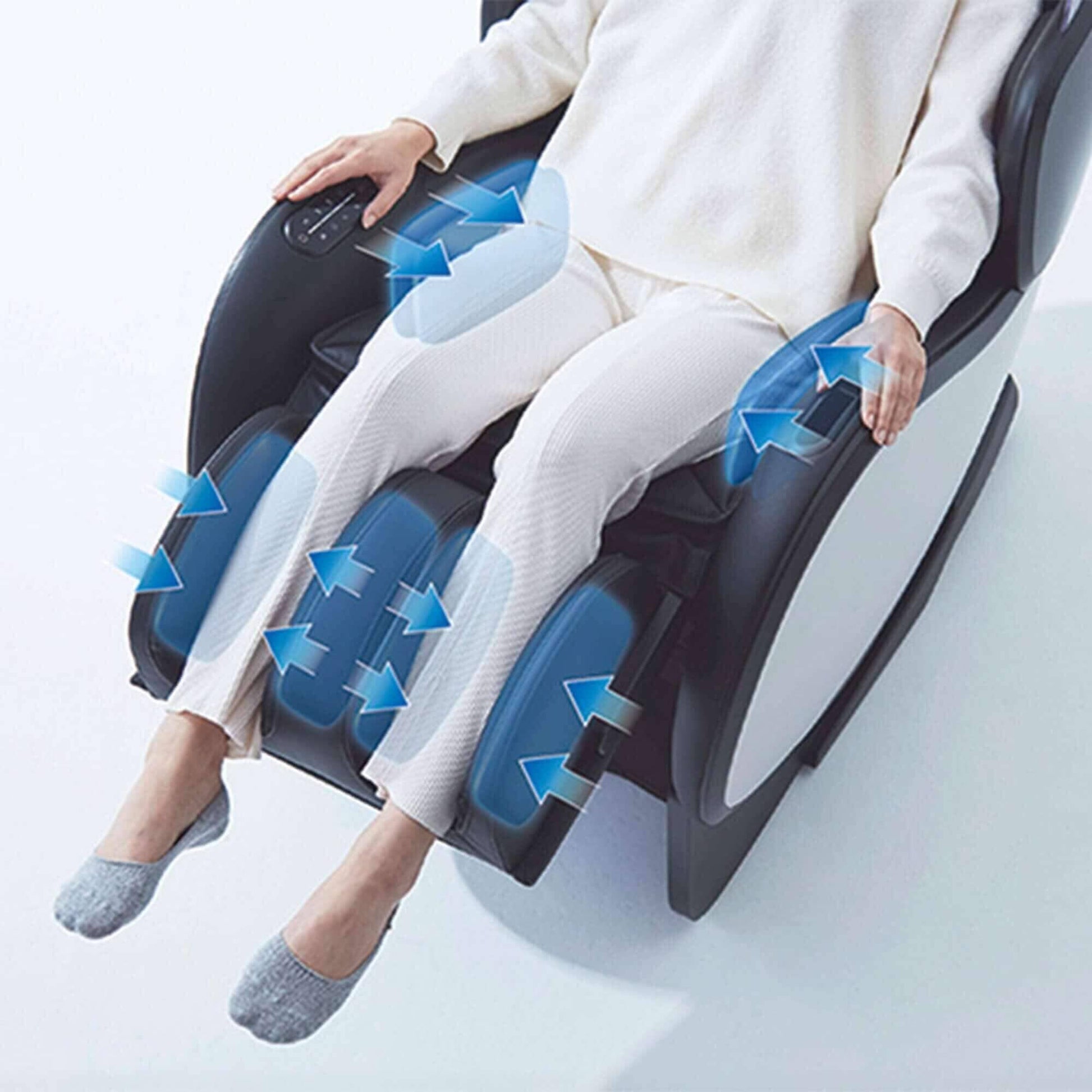Synca Wellness CirC 3 Fujiiryoki massage chair showing leg calf and arm air compression zones