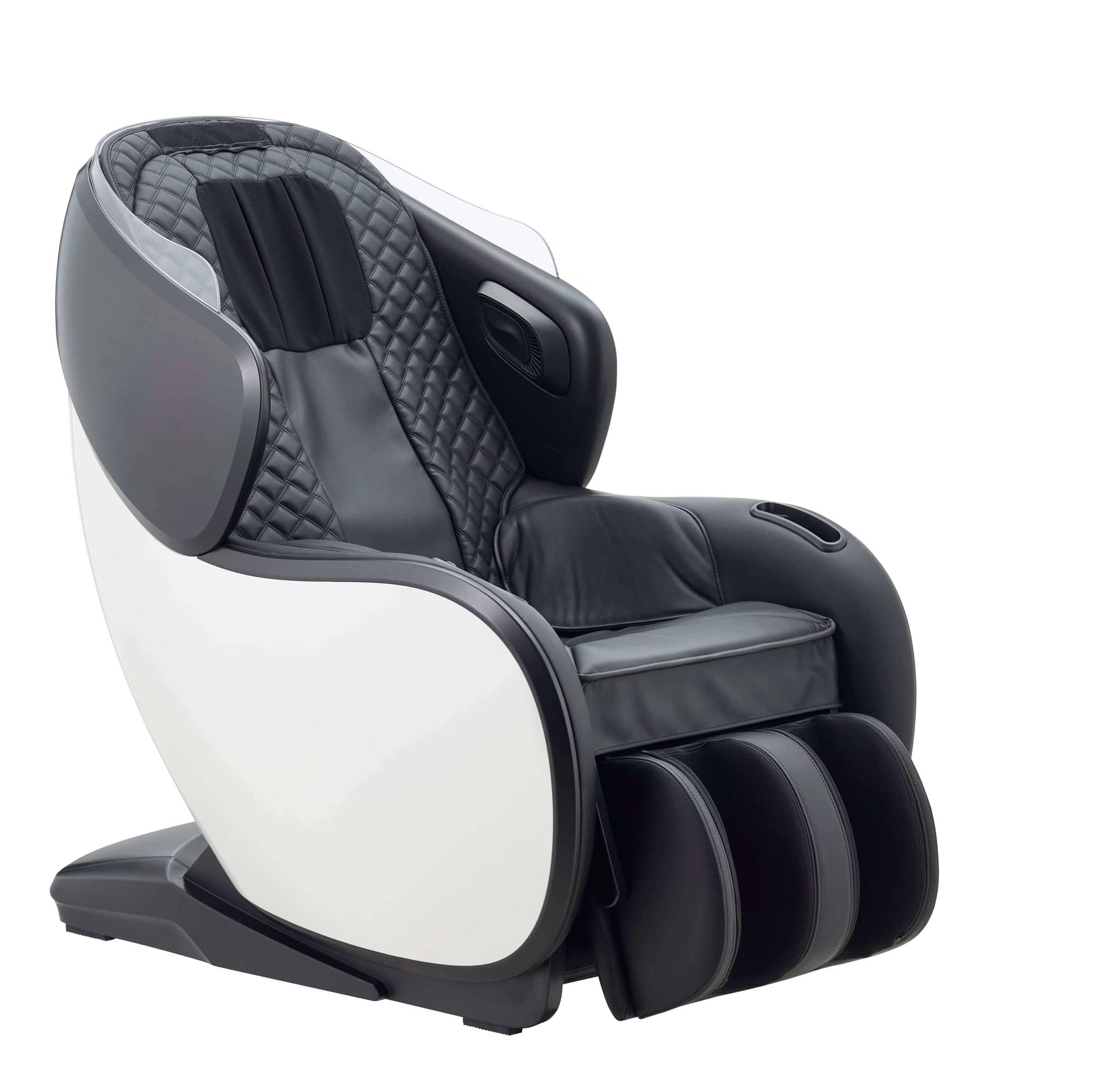 Synca Wellness CirC 3 white and black Fujiiryoki full body massage chair with quilted black upholstery and leg massager