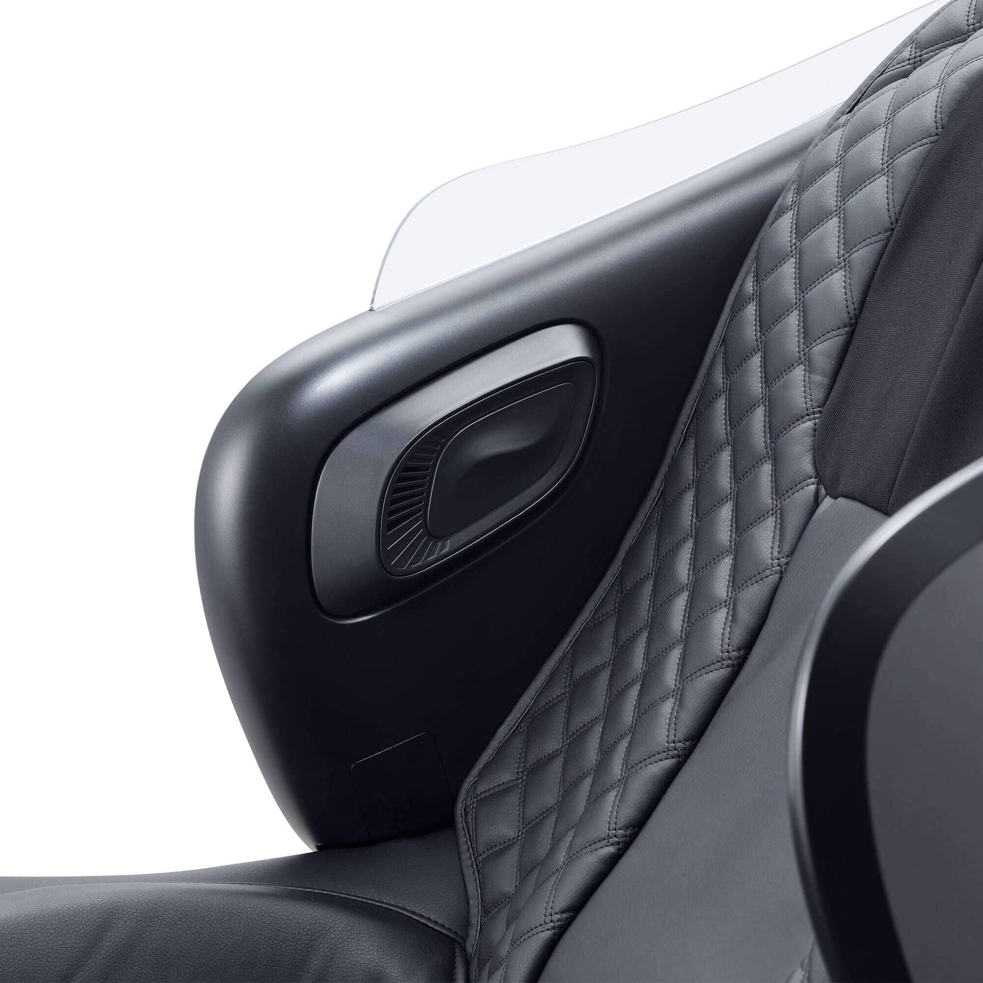 Synca Wellness CirC 3 black massage chair close up showing quilted leather seat and armrest speaker detail