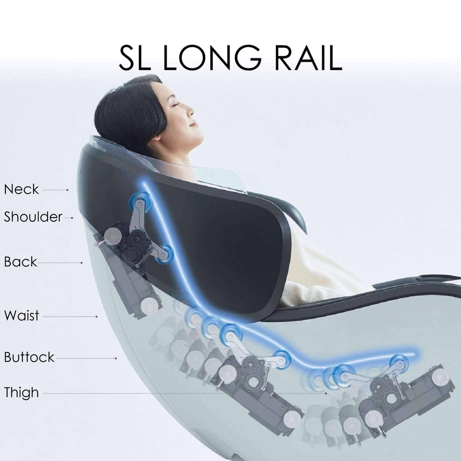 Synca Wellness CirC 3 Fujiiryoki massage chair SL long rail showing rollers along neck shoulder back waist