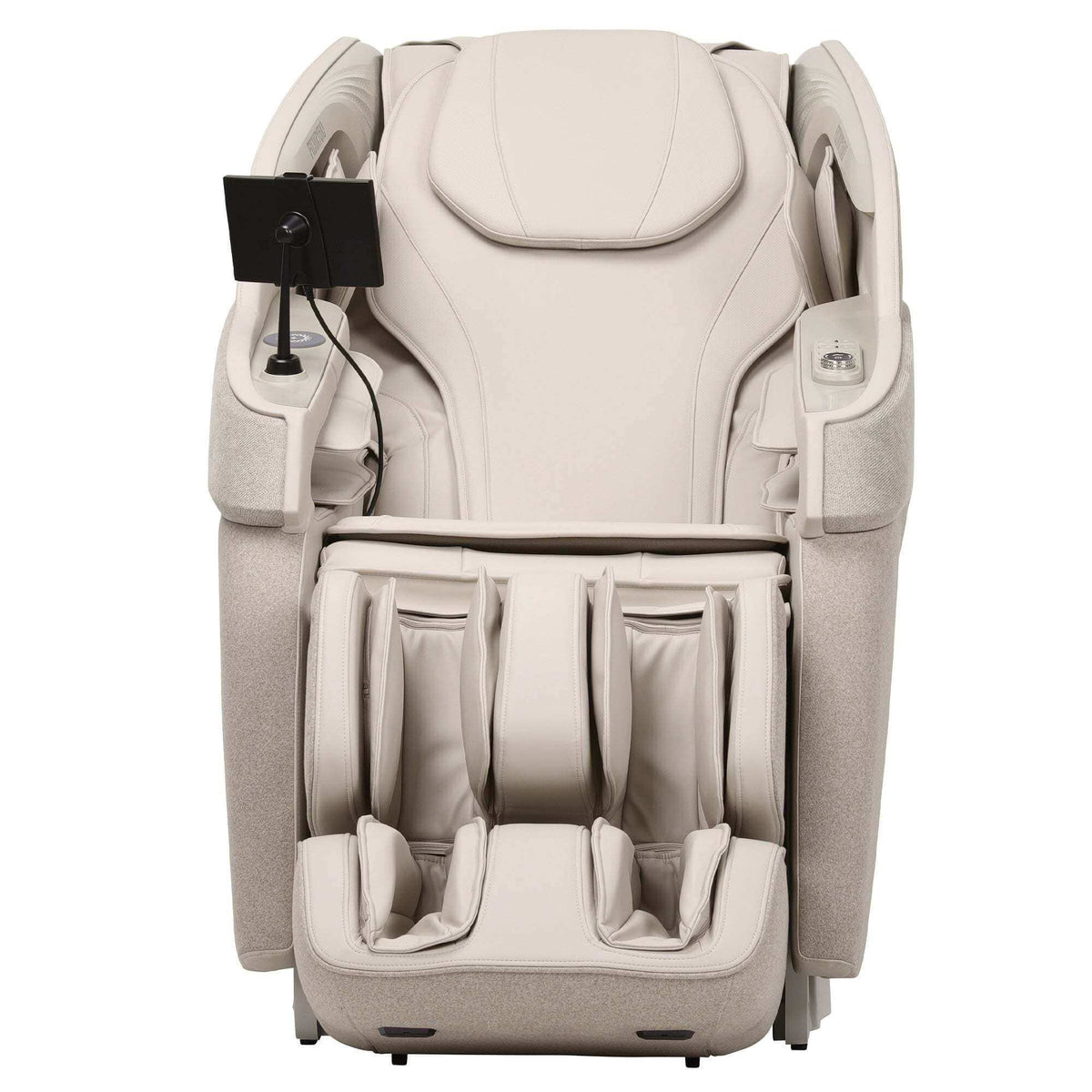 True-Relax Breva massage chair in light beige fabric, with padded armrests, leg and foot massagers, and a mounted remote