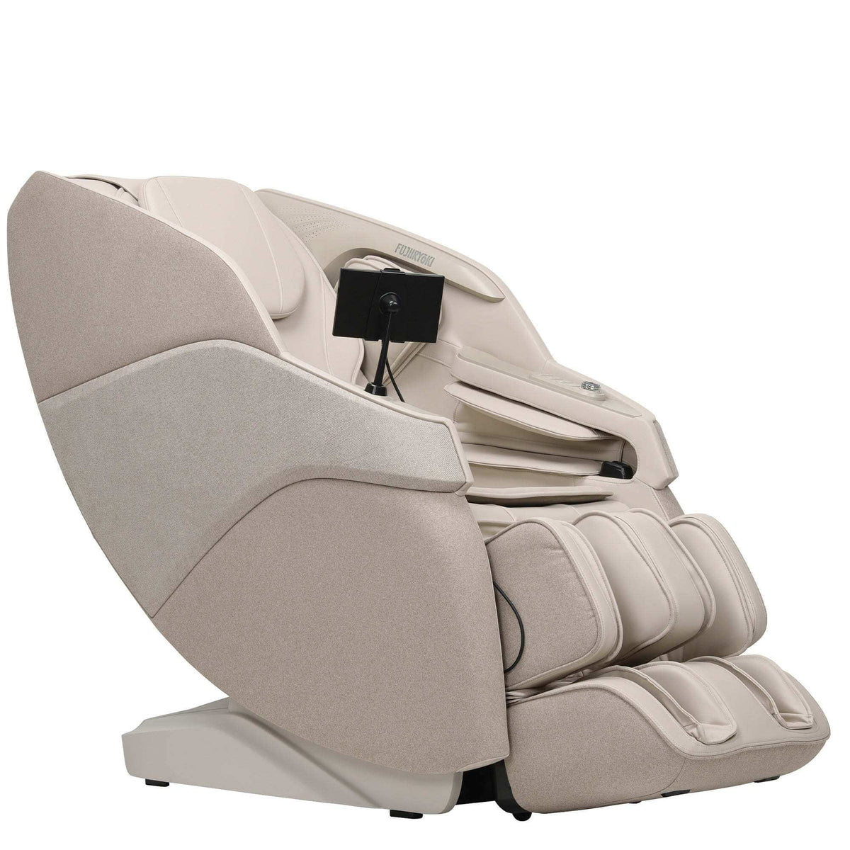 True-Relax Breva massage chair in light beige fabric with padded armrests, leg supports and touchscreen remote