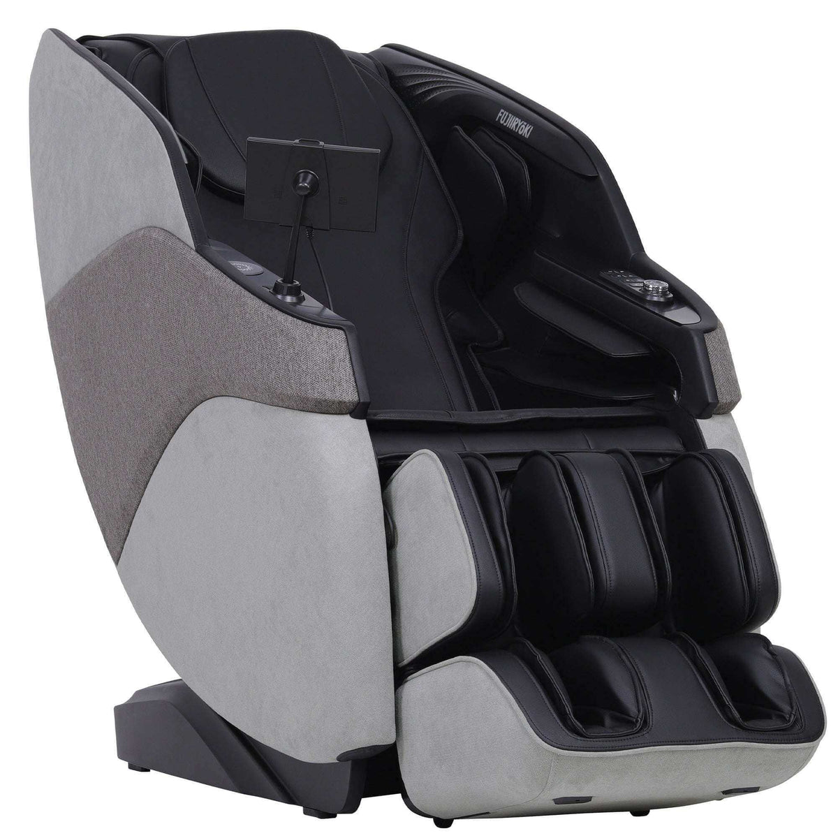 True-Relax Breva massage chair with gray fabric side panels, black upholstery, and padded leg and foot massagers