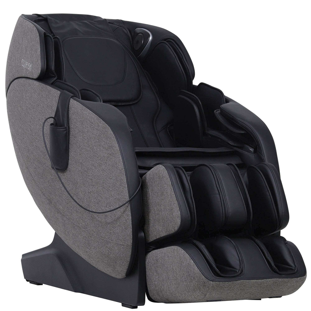 True-Relax Refuge massage chair in charcoal gray fabric with black padded upholstery, calf massagers and foot rollers
