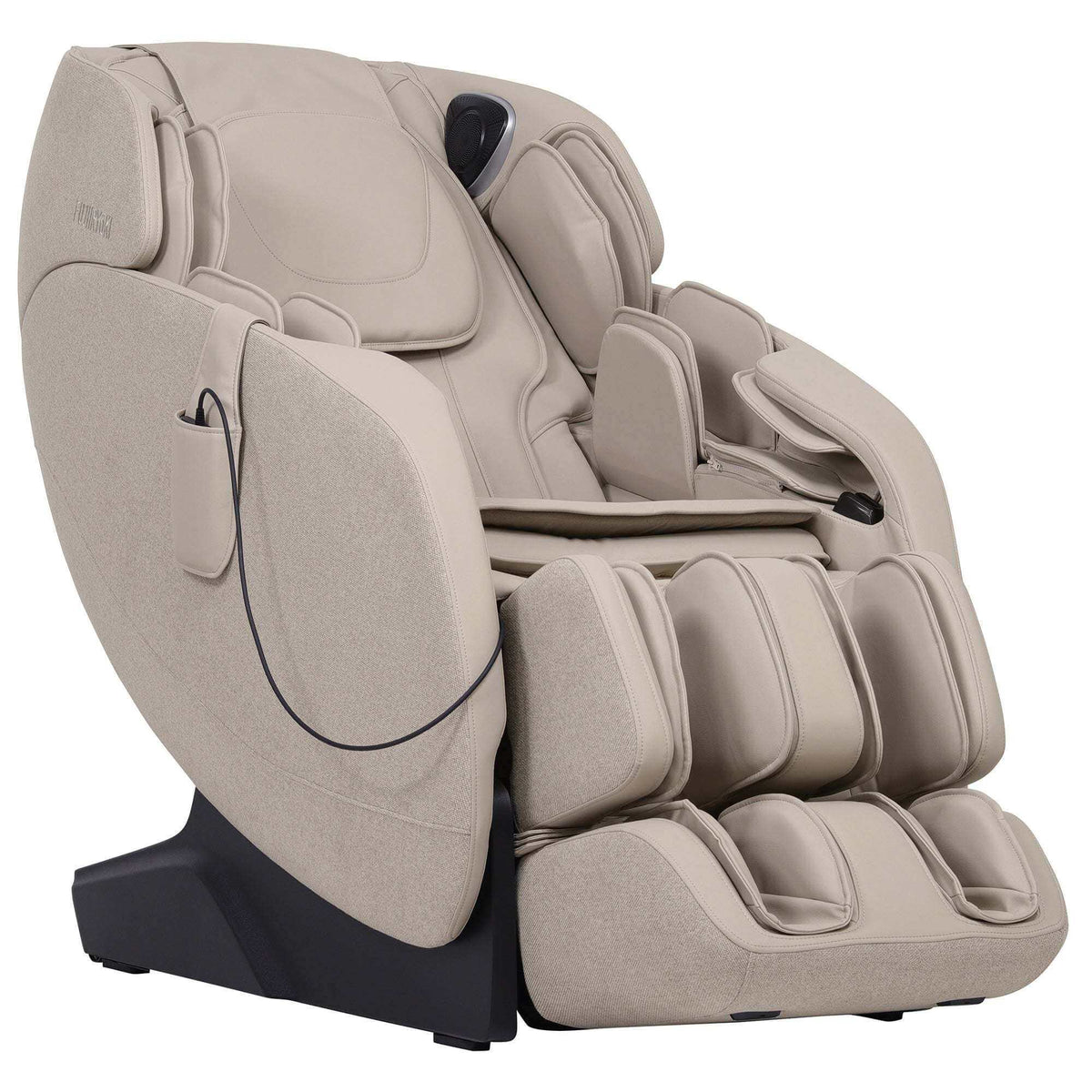 Massage chair True-Relax Refuge in light taupe fabric, with padded armrests, leg and foot rollers, and a touchscreen remote