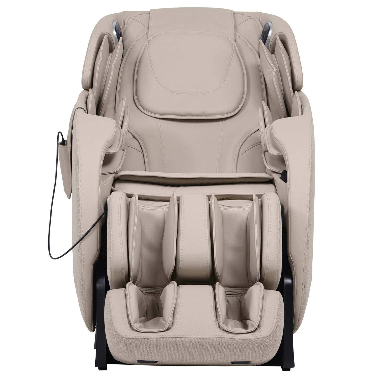 Massage chair in light taupe fabric with padded armrests, segmented leg supports and an attached control cable