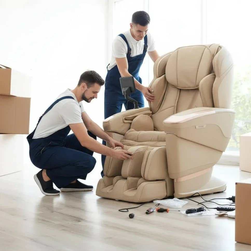 Professional white glove in-home chair setup service with clean packaging removal